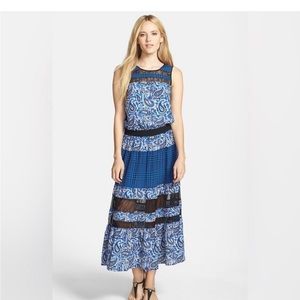 Michael Kors Blue Lazio Paisley/plaid Print Tiered Maxi Dress W/lace